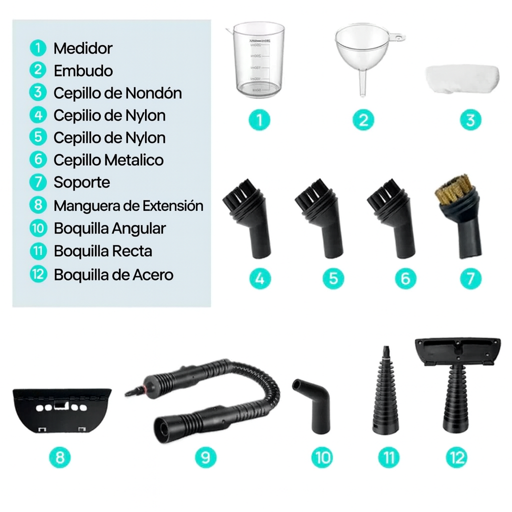 Limpiador a Vapor Portátil con 14 Accesorios para Auto, Baño, Cocina y Tapicería | VAPORLYX™