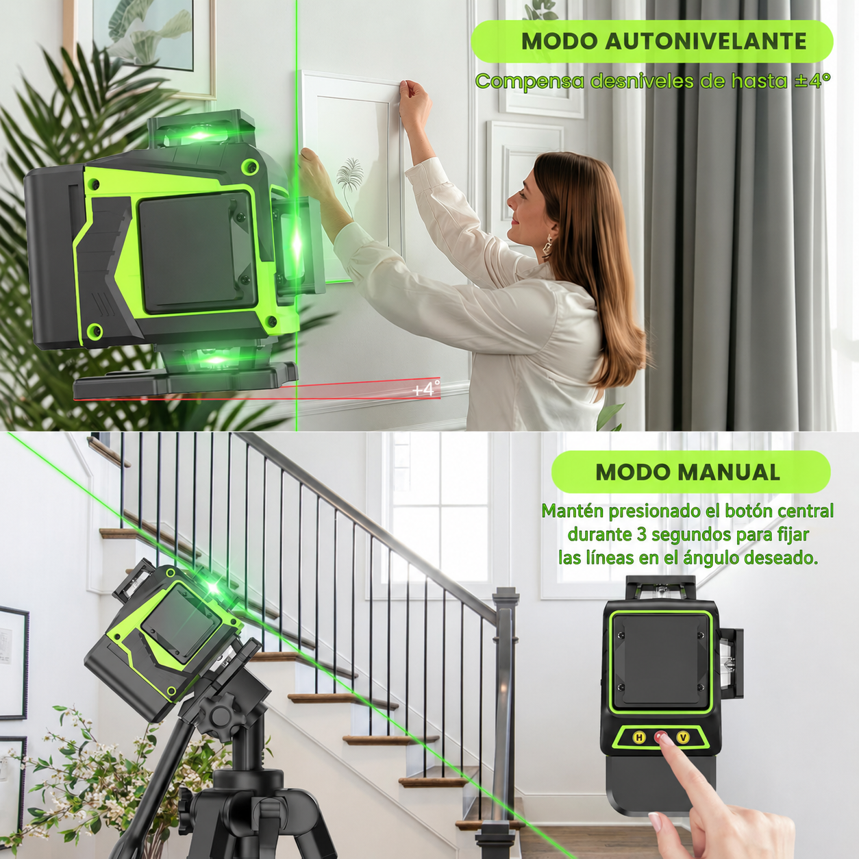 Nivel Láser Autonivelante 30 m, Brillo 1–100%, Control Remoto, IP54 | QuadBeam™ 4D