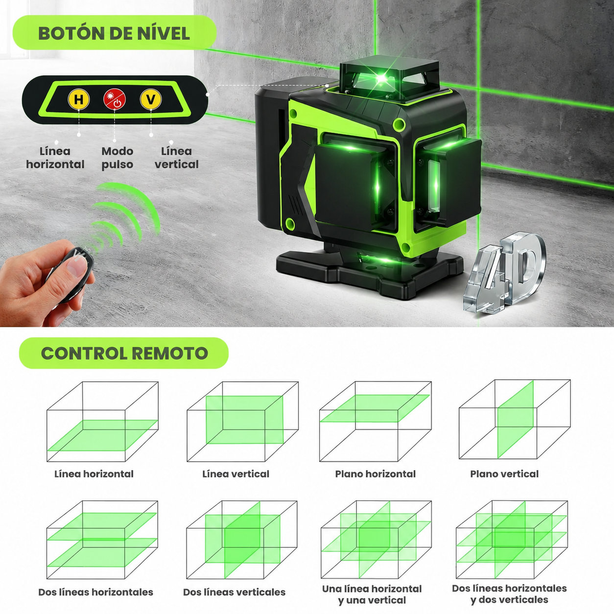 Nivel Láser Autonivelante 30 m, Brillo 1–100%, Control Remoto, IP54 | QuadBeam™ 4D