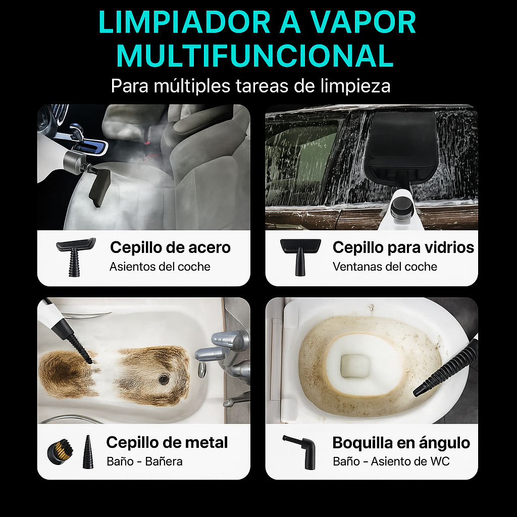 Limpiador a Vapor Portátil con 14 Accesorios para Auto, Baño, Cocina y Tapicería | VAPORLYX™