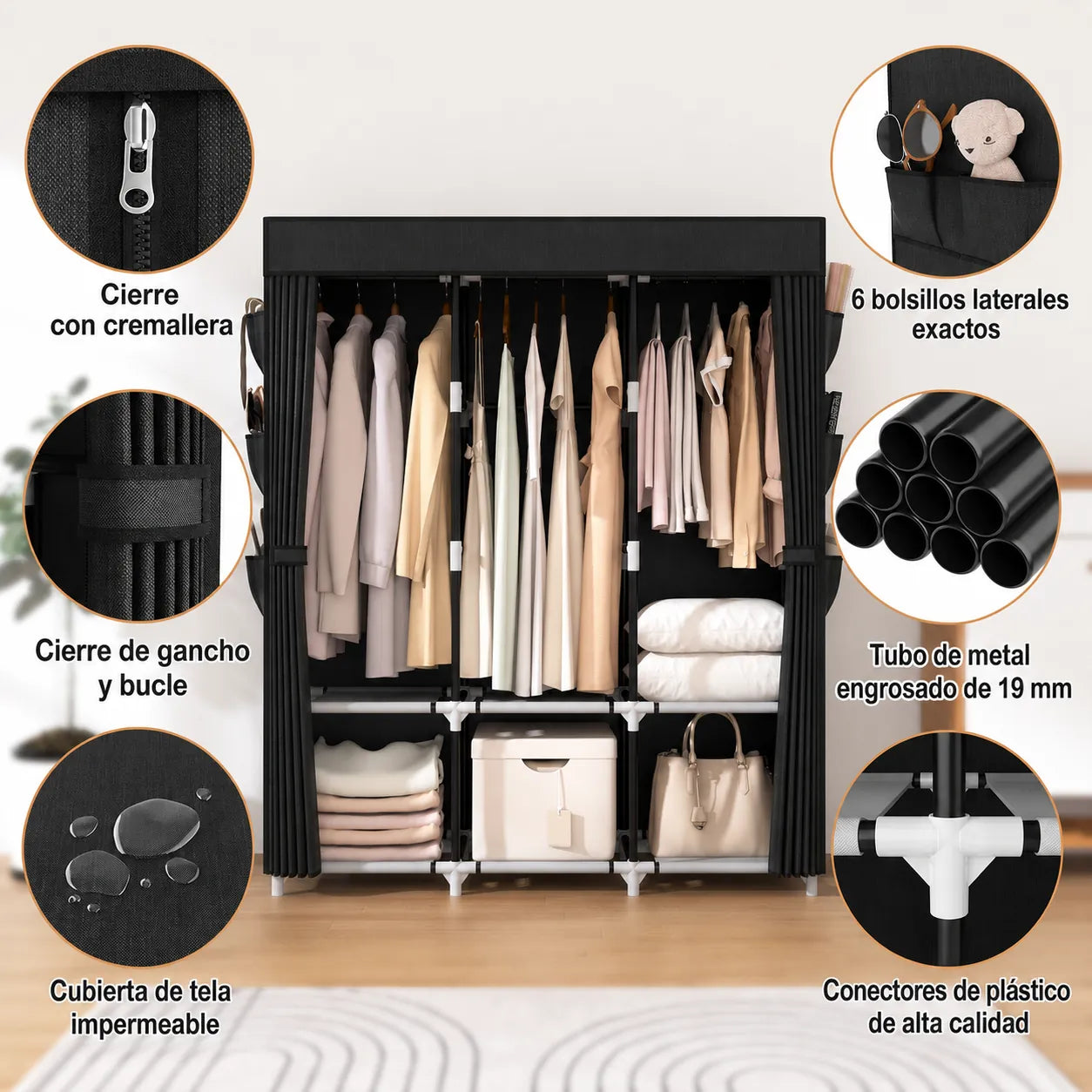 Clóset Portátil Grande con Cubierta, 6 Repisas y 3 Barras para Colgar WARDLORA™