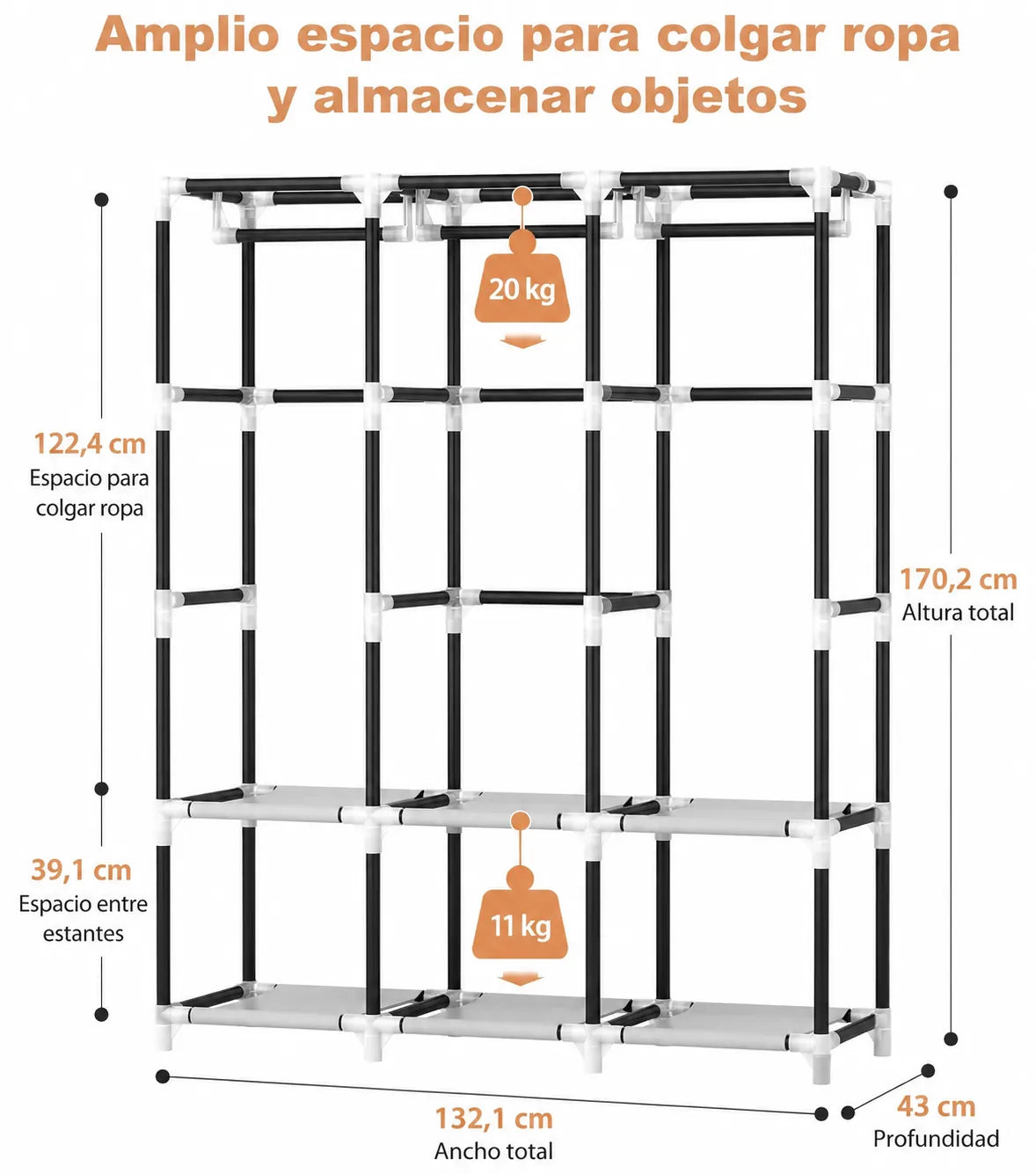 Clóset Portátil Grande con Cubierta, 6 Repisas y 3 Barras para Colgar WARDLORA™